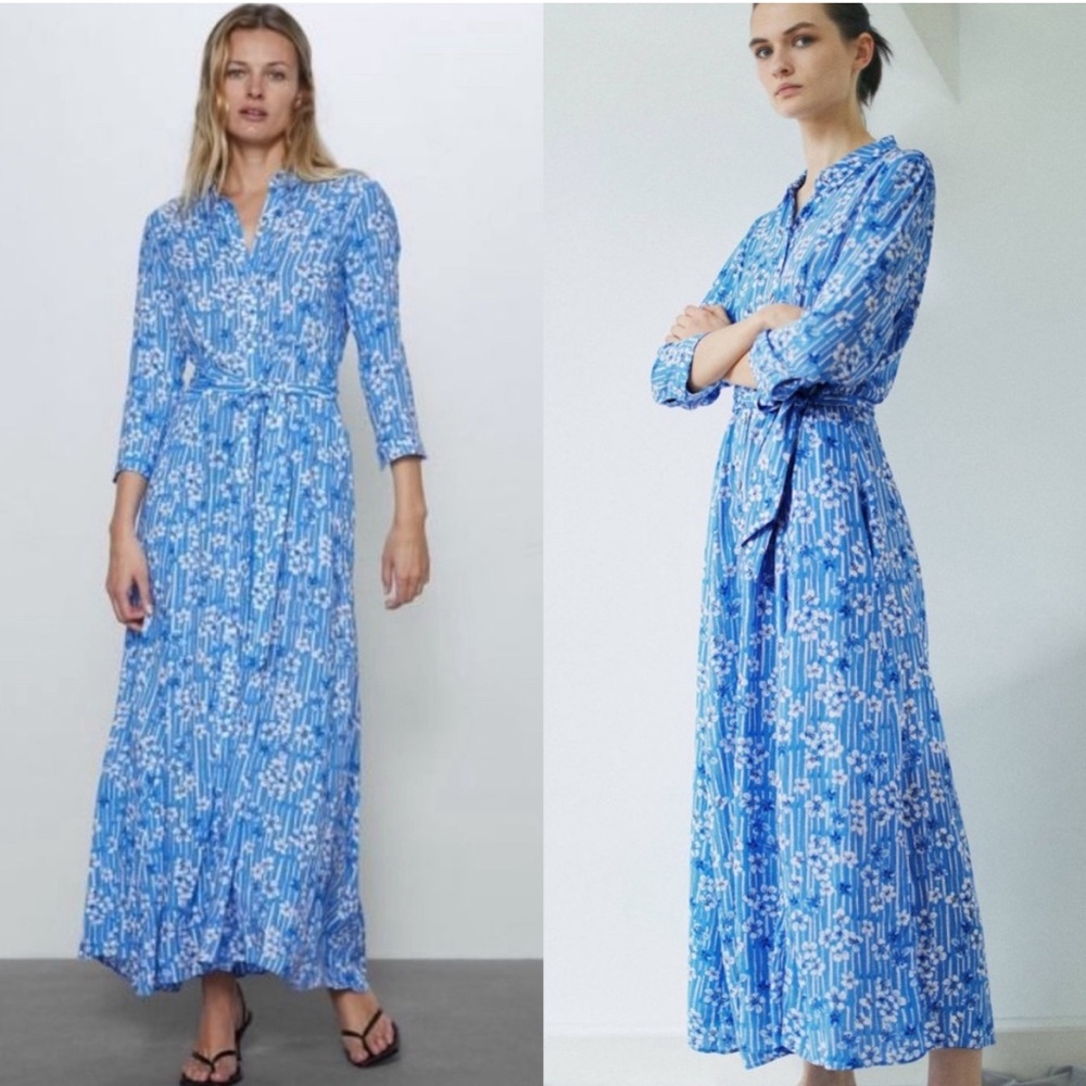 NWT Zara Belted Floral Maxi Shirt Dress